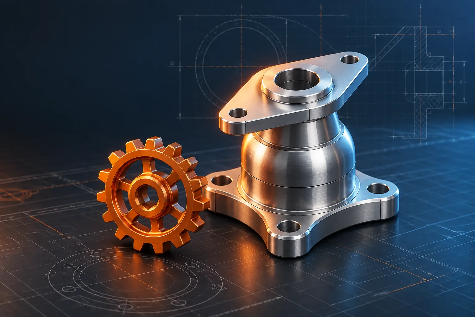 CAD render of a three-lobed mounting flange and a spur gear with hexagonal center bore